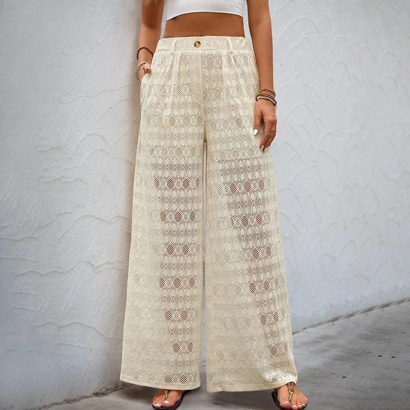 

2025 summer new lace pants casual elastic pants high waist perspective wide-leg pants
