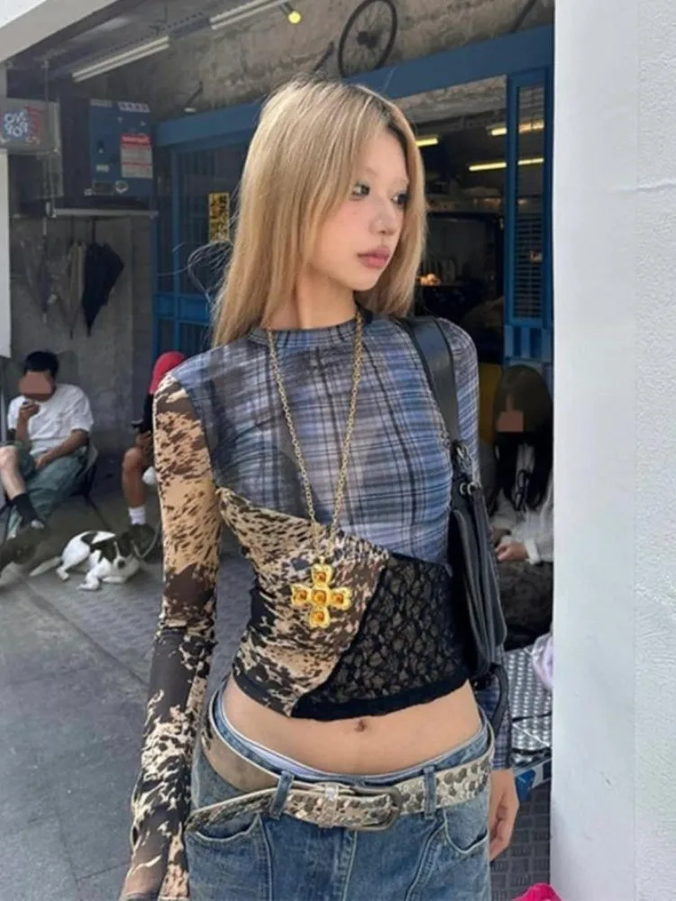 

Deeptown Harajuku Fashion See Through T Shirts Women Y2k Lace Patchwork Crop Mesh Tops Female Grunge Aesthetic Long Sleeve Tees