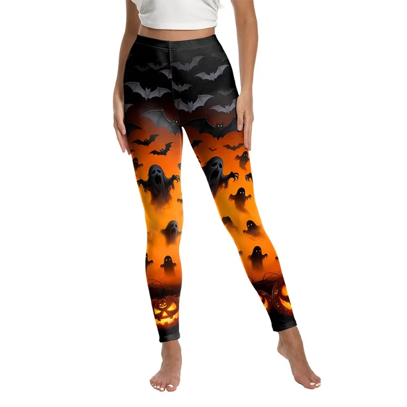 Women Halloween Striped Leggings High Waist Tummy Control Stretch Yoga Pants Digital Print Sports Slim Fit Workout Trousers