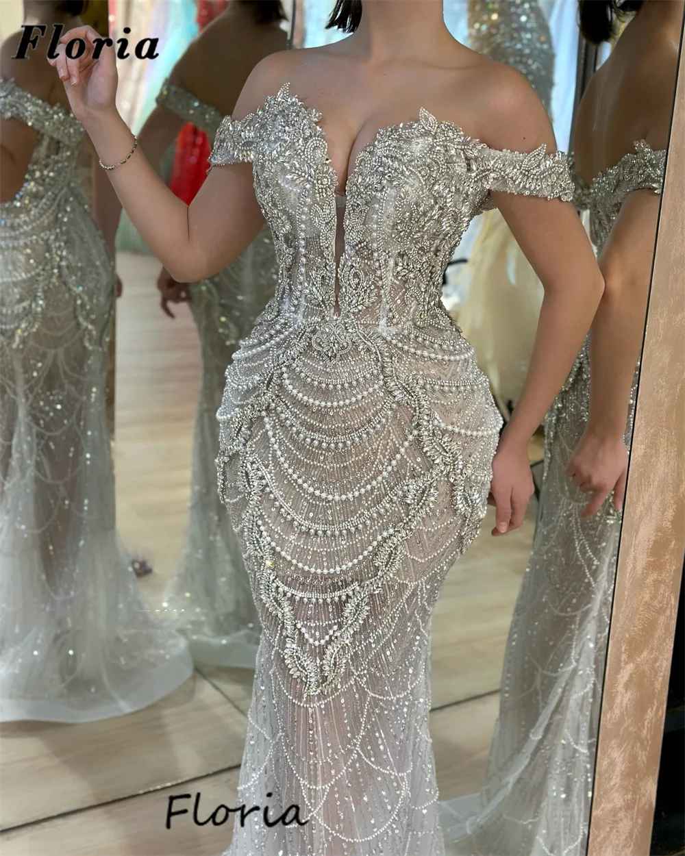 

Haute Coutures Платья для выпускного вечера с открытыми плечами Дубай Дизайн Русалка Вечернее платье с кристаллами из бисера Элегантные свадебные платья Халаты