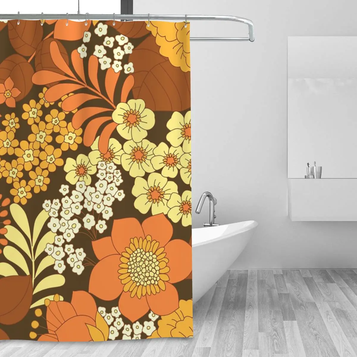 Brown, Yellow, Orange And Ivory Retro Flowers Shower Curtain Bathroom Polyester Waterproof Bath Curtains with Hooks