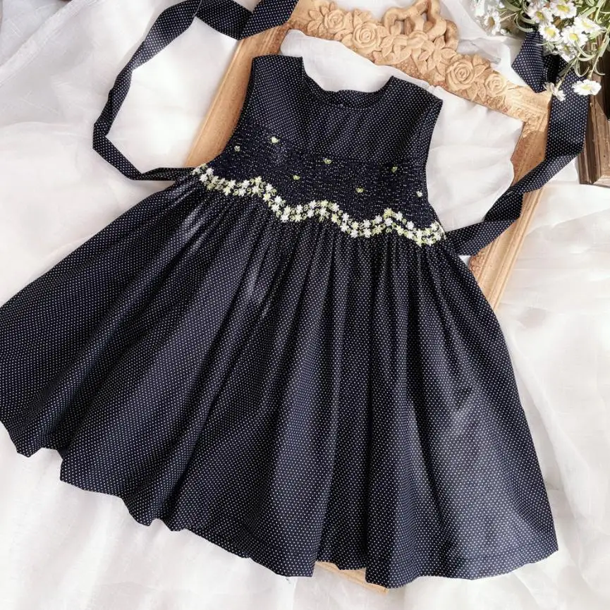 

2PCS Summer New Children's Vintage Lolita Hand-Embroidered Drawstring sleeveless Dress Birthday Girl's Dress For Eid A2458