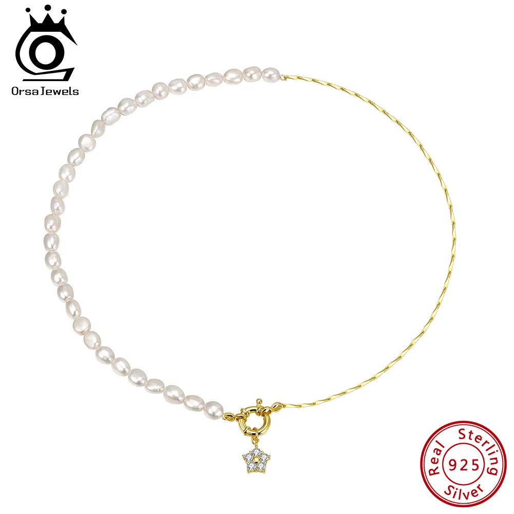 

ORSA JEWELS Classic Baroque Freshwater Pearl Necklace S925 Silver Bamboo Chain Ziconia Star Pendant Party Collarbone Chain GPN92