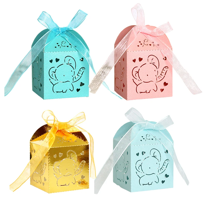 50/100pcs Cute Elephant Laser Cut Carriage Favors Box Gift Candy Boxes With Ribbon Baby Shower Wedding Birthday Party Decoration