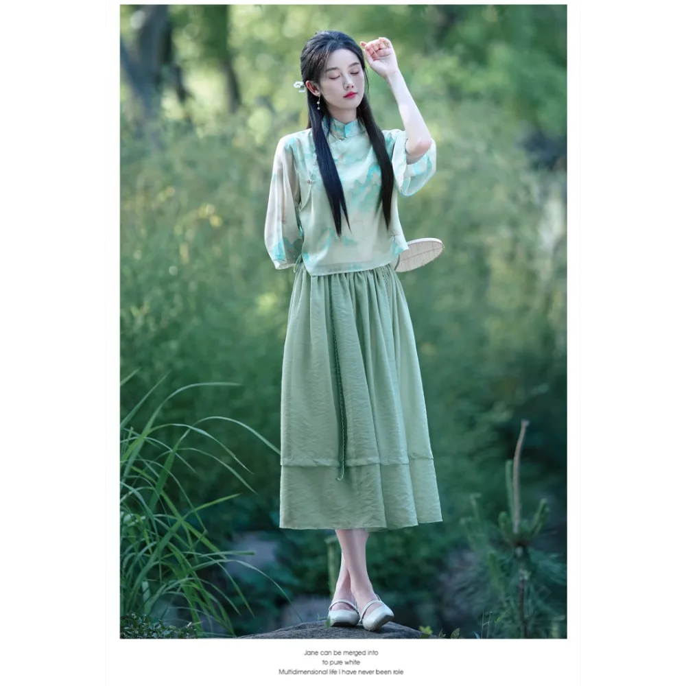 Grünes hanfu set weiblich sommer chinesischer stil tee kunst kleidung zen frauen kleid verbessert cheong sam zweiteiliges kleid tang anzug set