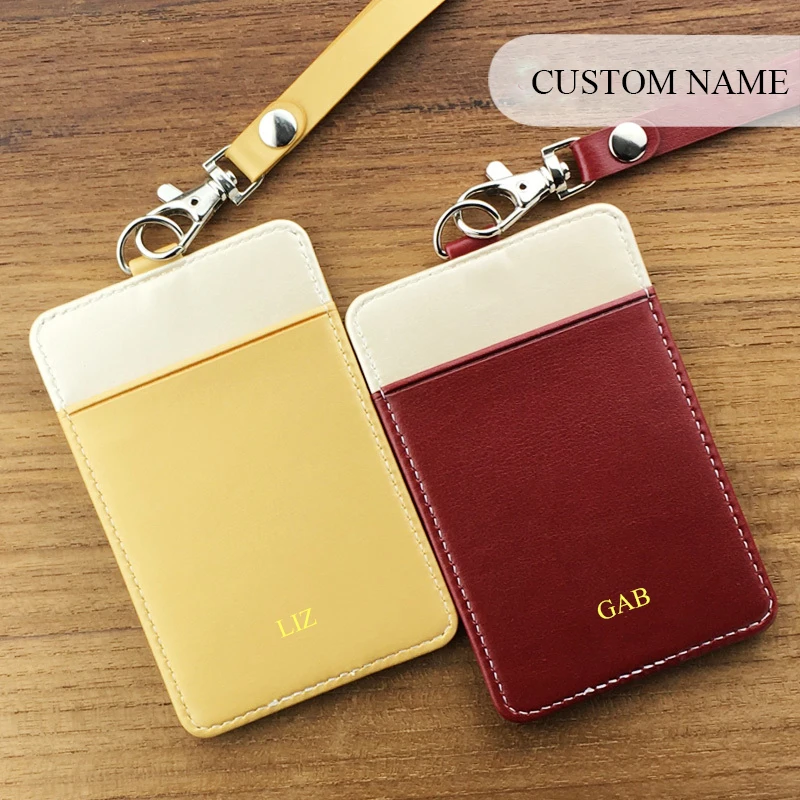 CUSTOM Initials แบบพกพาผู้ถือบัตรสายคล้องคอแฟชั่น PU หนัง ID Card Barge Slim กระเป๋าสตางค์แกะสลักธุรกิจแท็กการ์ดทํางาน