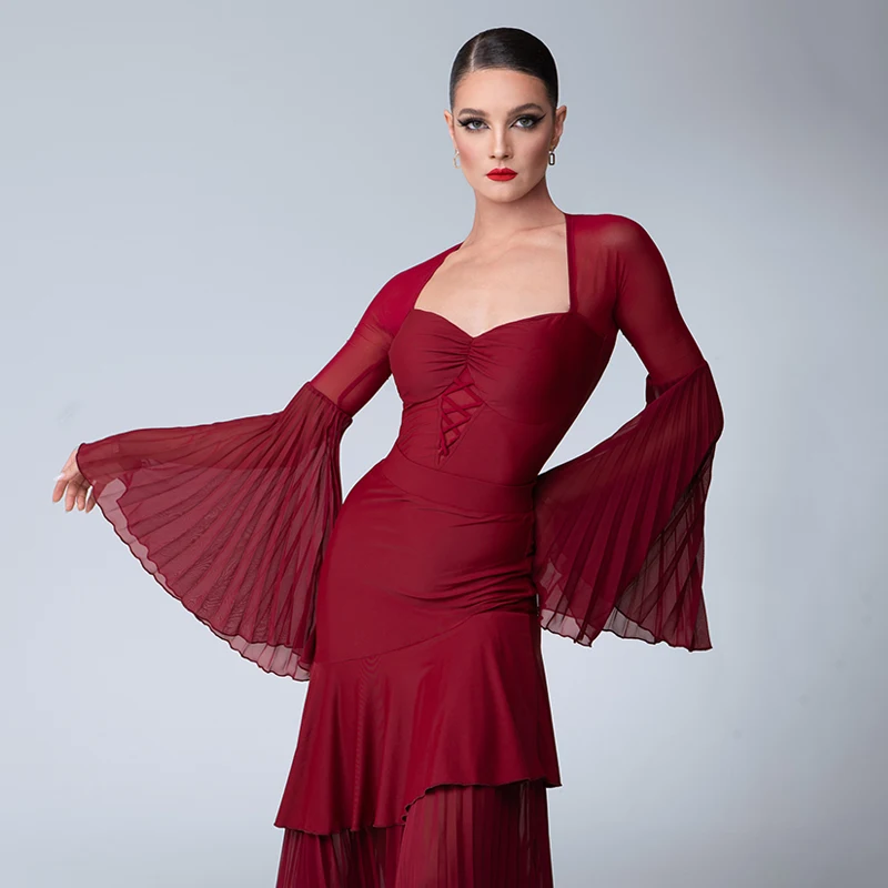 Red Flared Sleeves Latin Dance Clothing Women'S Waltz Ballroom Dance Professional Dresses Adults Modern Dancing Wear SL11019