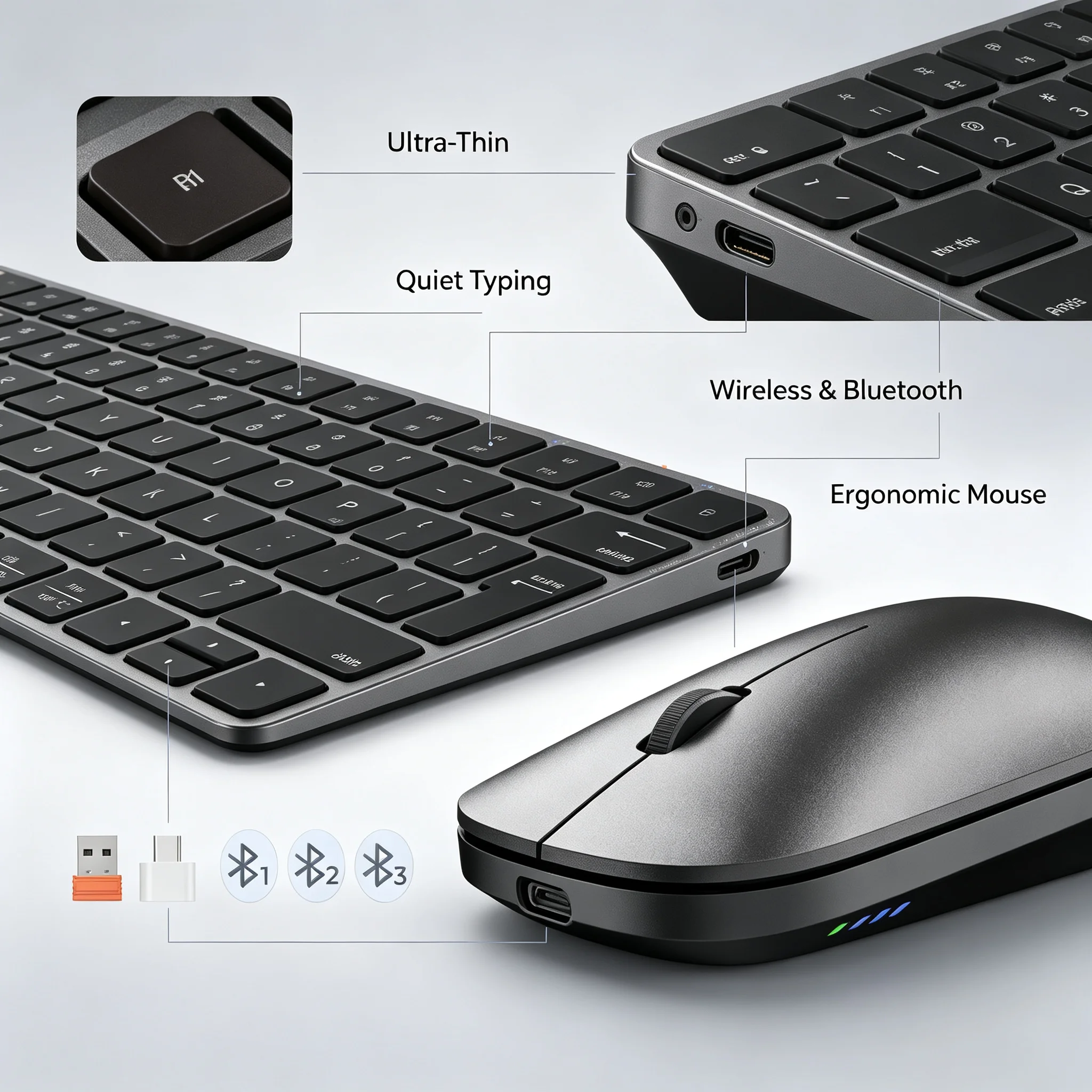 Meetion 2.4G Bluetooth Wireless Ultra Thin Keyboard and Mouse Combo Office Slient Rechargeable Keyboard Set For PC Computer