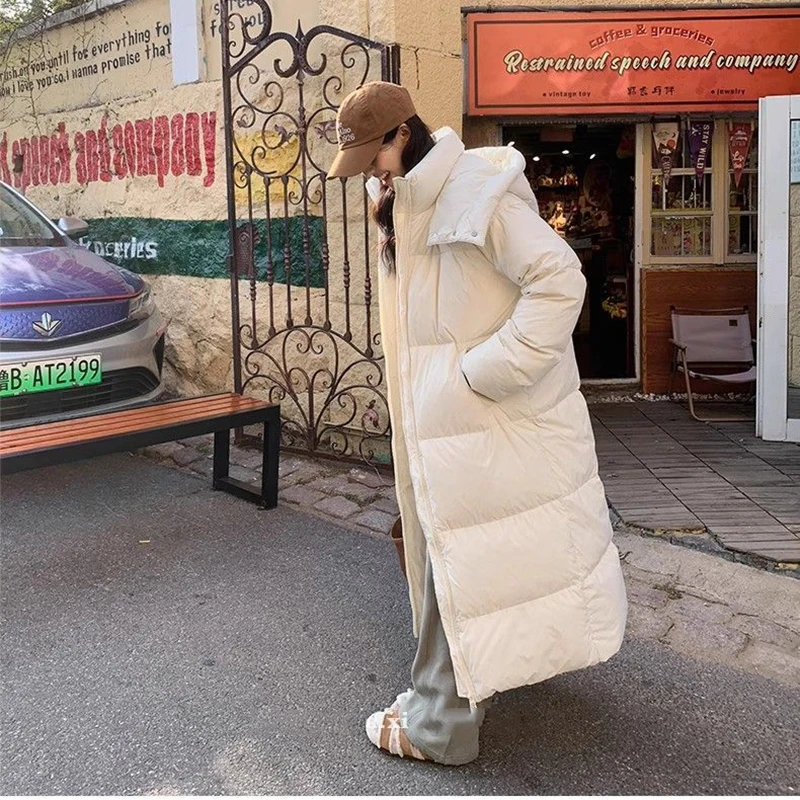 Witte Eendendons Jas Koreaanse Losse Capuchon Dikke Warme Lange Donsjack Vrouwen Winterjas voor Vrouwen Vrouwelijke Parka Outerwears