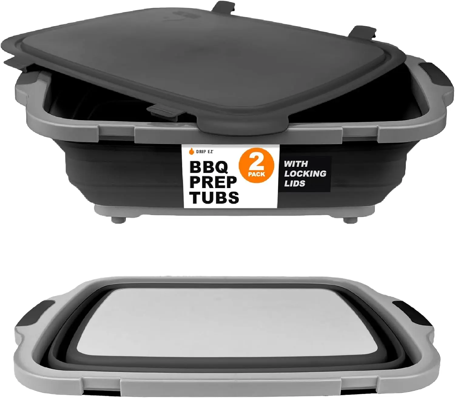 p Ez Collapsible Bbq Prep Tubs 2-Piece Set (V2) - For Meal Prep Marinating Food Storage - Includes Cutting Board & Lid - (2)