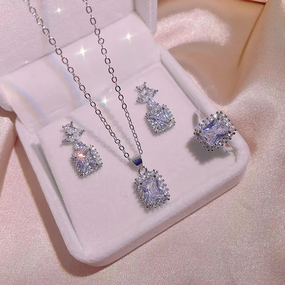 925 Silver New Style Exquisite Bright Fashion Micro-Inlaid Aaaaa Zircon Square Jewelry Set Women's Earrings Ring Necklace