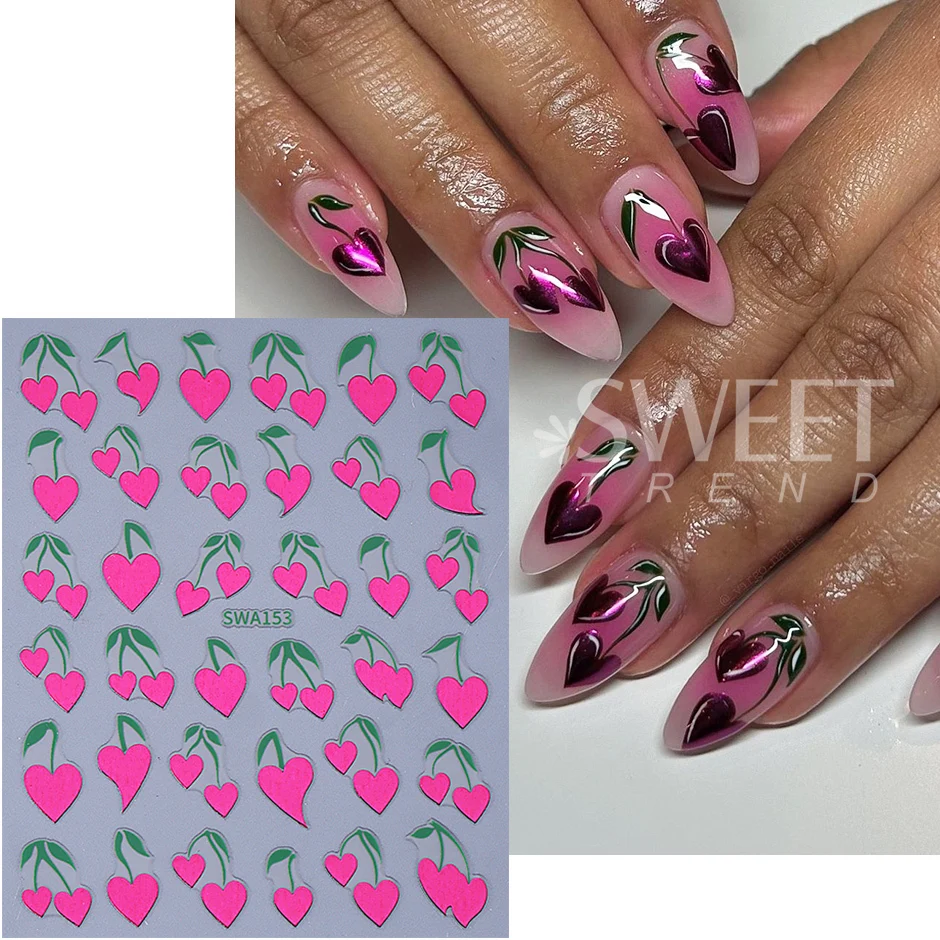2 pezzi adesivi per unghie di San Valentino a forma di cuore foglie di ciliegio autoadesive decalcomanie per unghie dolce decorazione manicure fai da te cursori