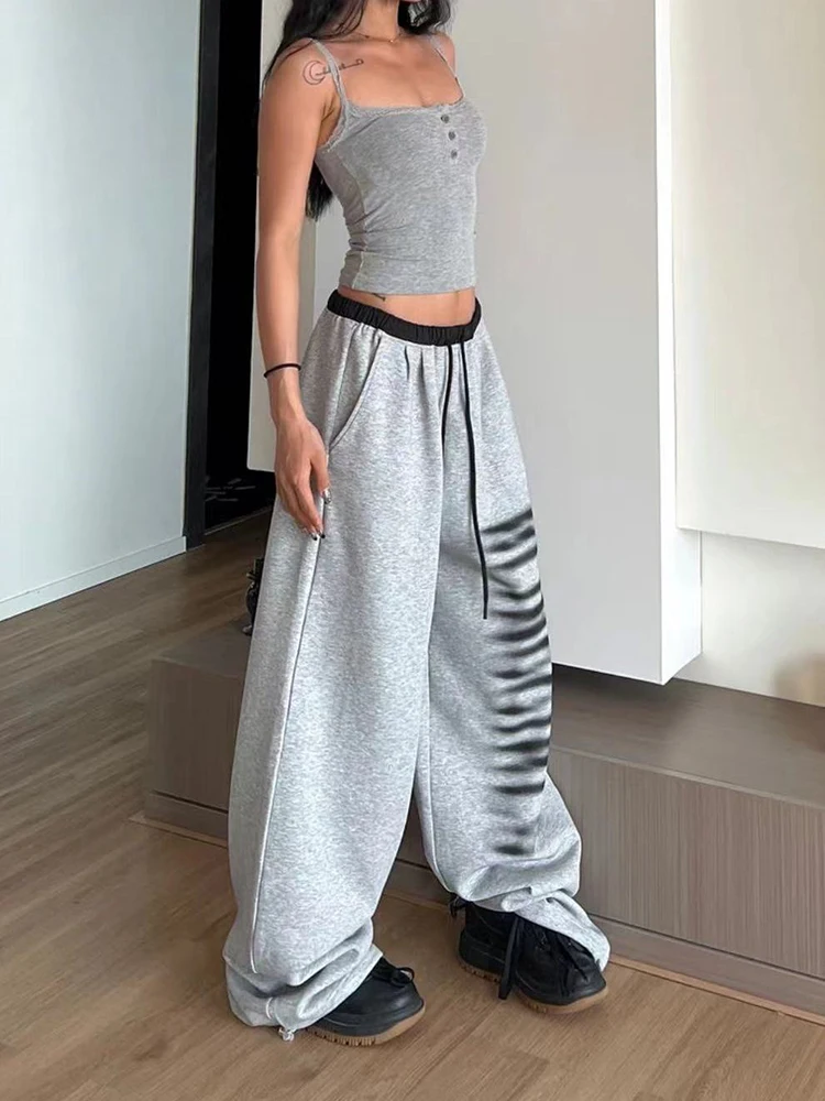 Streetwear Hip Hop Pants Women Loose Casual American Hottie Jazz Dance Trouser Striped Print Patchwork Chic Wide Leg Sweatpants
