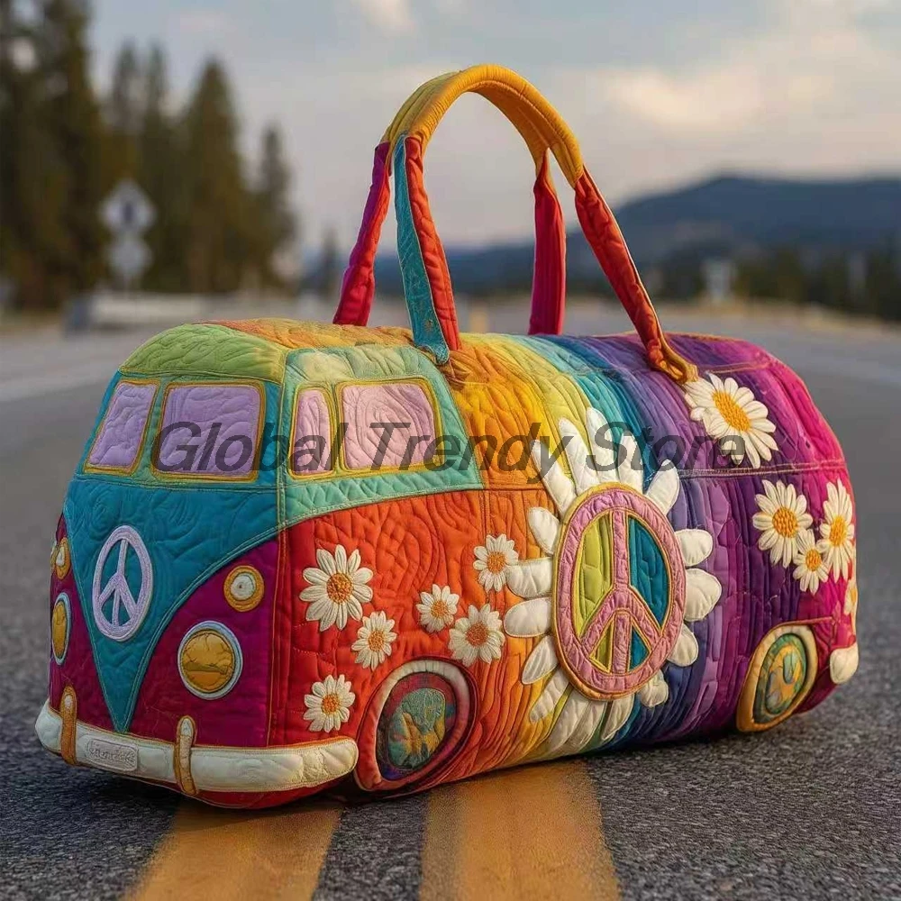 Men's Outdoor Quilted Duffle Bag Floral Peace Bus Print Travel Tote Handbag Women Casual Weekender Bag