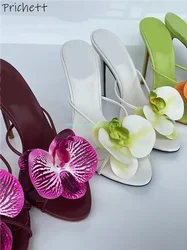Orchid Round Toe Slippers High Heels Mixed Color Narrow Band Flower Outdoor Shoes Ladies Vocation Outdoor Luxury Stiletto Shoes
