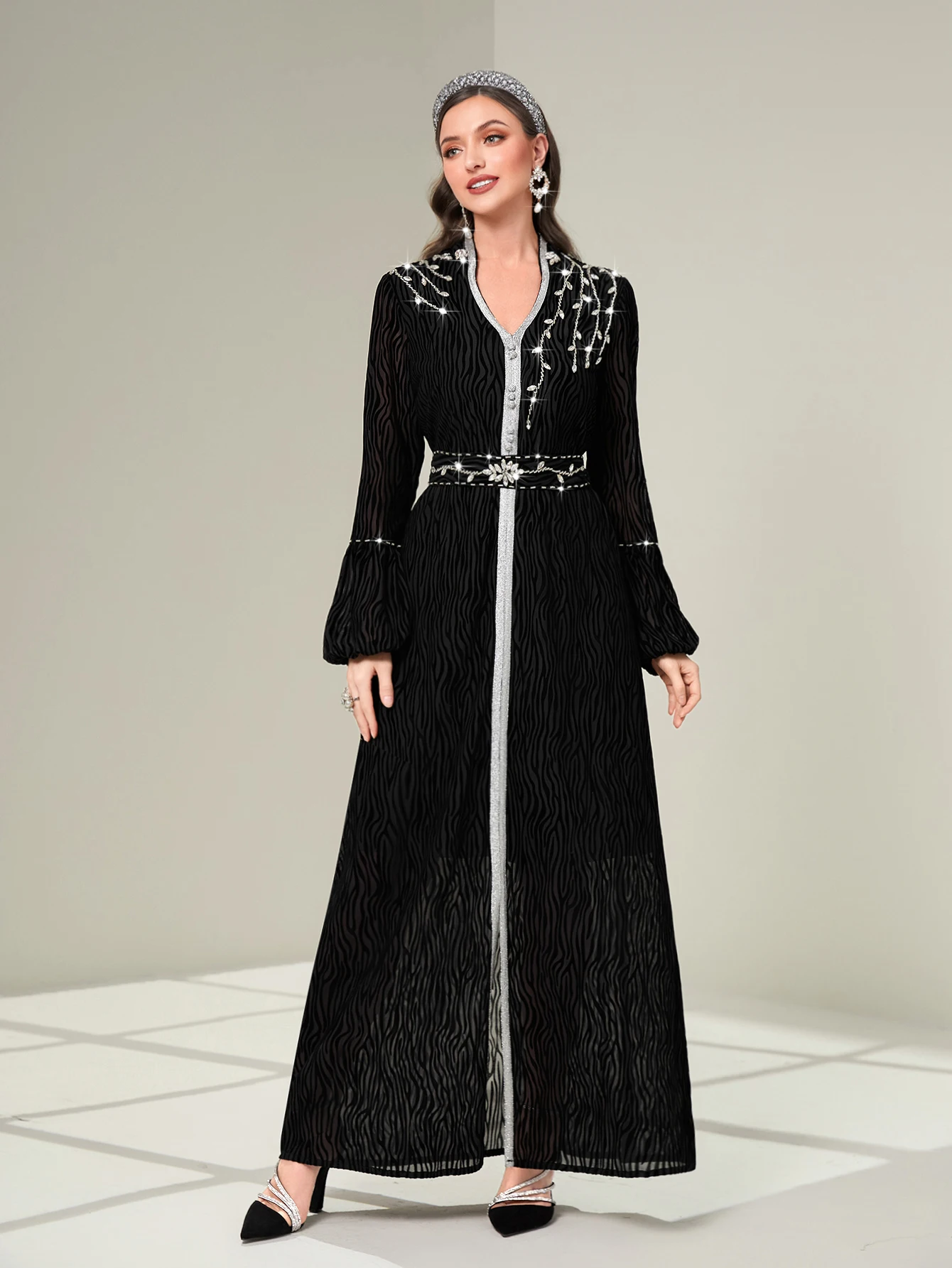 Handstitched Rhinestone Beaded Arabic Robe Vintage Ethnic Moroccan Kaftan Dubai Abaya Dress Ramadan Eid-al-Adha 2024 Party Wears