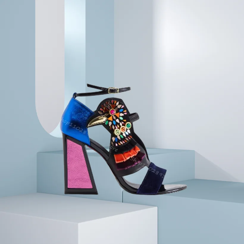 Mixed Color Crystal Decor Totem Sandals Cover Heel Strange Style Chunky High Heels Women Summer Fashion Shoes Zapatillas Mujer