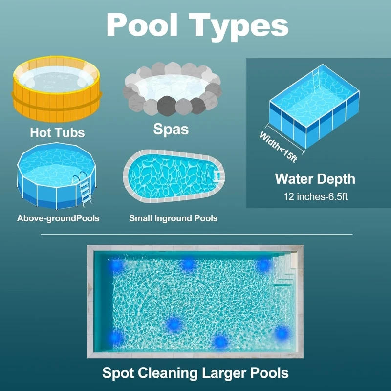 Aspirador de pó para piscina, sucção forte para spas, banheiras de hidromassagem, detritos de areia, piscinas, portátil, recarregável, sucção de cerdas, 3 bicos