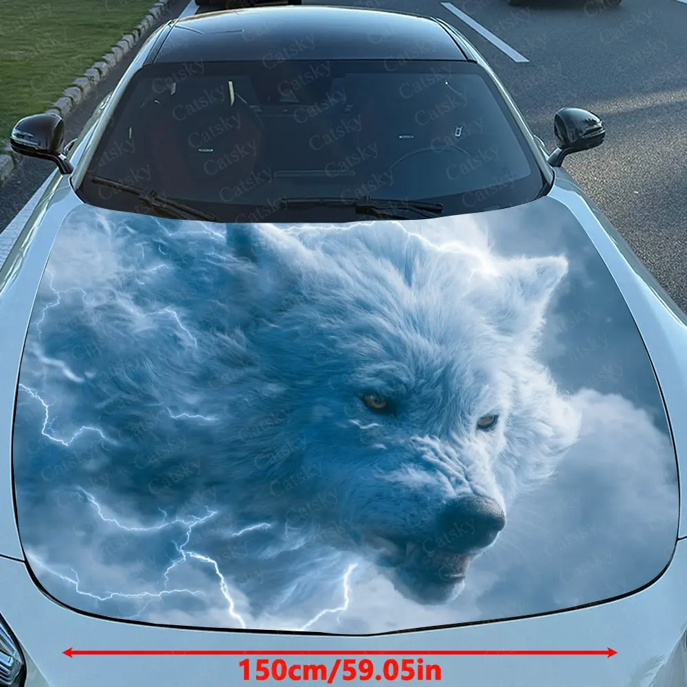 Lightning Blue Wolf Car Hood Decal, Durable Self-Adhesive PVC Sticker, Waterproof And Scratch-resistant Car Vinyl Wrap