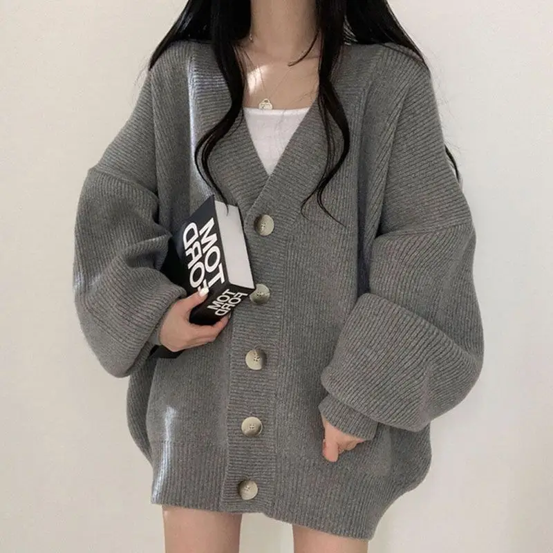 Knitted Cardigan Sweater Coat Buttoned V-Neck Lazy Style Women'S Loose Slim Versatile Top Autumn And Winter