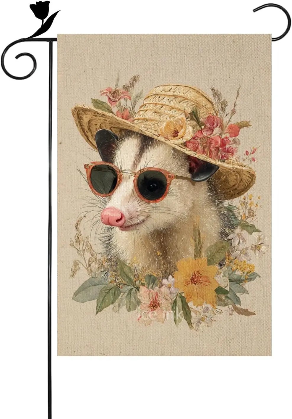 Bandera de jardín de doble cara de 12x18 pulgadas con diseño de gambá, gafas de sol y sombrero de flores, colorida y divertida, de la colección Ice Ink Primavera Verano H IIX