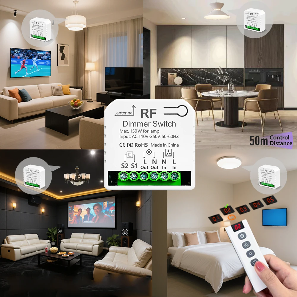 RF433 MHz AC110 V 220 V kabelloser Dimmerschalter, Lichthelligkeit einstellbar, 5-in-1-Fernbedienung, 2-Wege, für 10–150 W LED-Halogenlampe