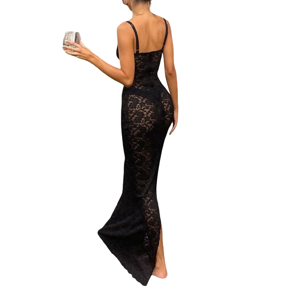 Women's Lace Split Long Dress Sexy Sleeveless Slim Fit Black Dress Summer Solid Color Cocktail Party Dress Zip Back Cami Dress