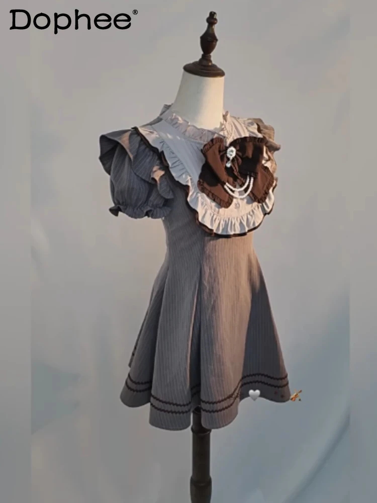 

Japanese Original Y2K Subculture Dark Style Short Sleeve Dress Striped Waist Round Neck Puff Sleeve Bowknot Dress for Women