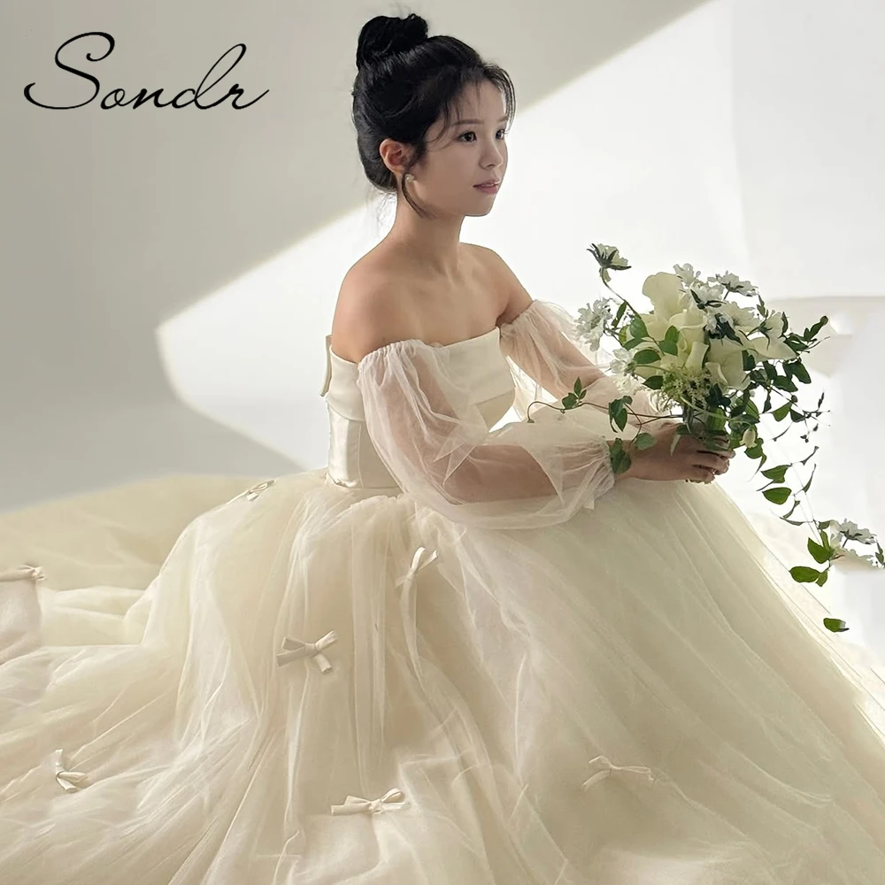 Sondr New Korean Wedding Dresses 2025 Puff Sleeves Soft Tulle Bow Bridal Gown Customized Bridal Wedding Snap Dresses Corset Back