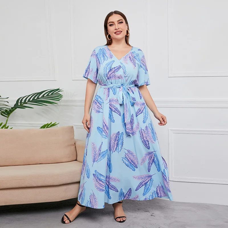

Summer new skirt women's large size elastic waist loose medium and long dress feather print short-sleeved V-neck dress fashionab