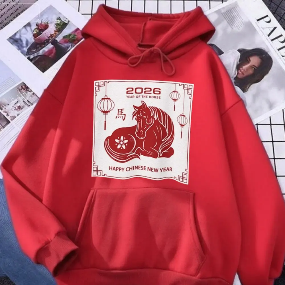 2026 Lunar New Year Horse Hoodie Chinese Zodiac Fire Element Sweatshirt Red Printed Hoodie New Year Party Men Women 2026 Gift