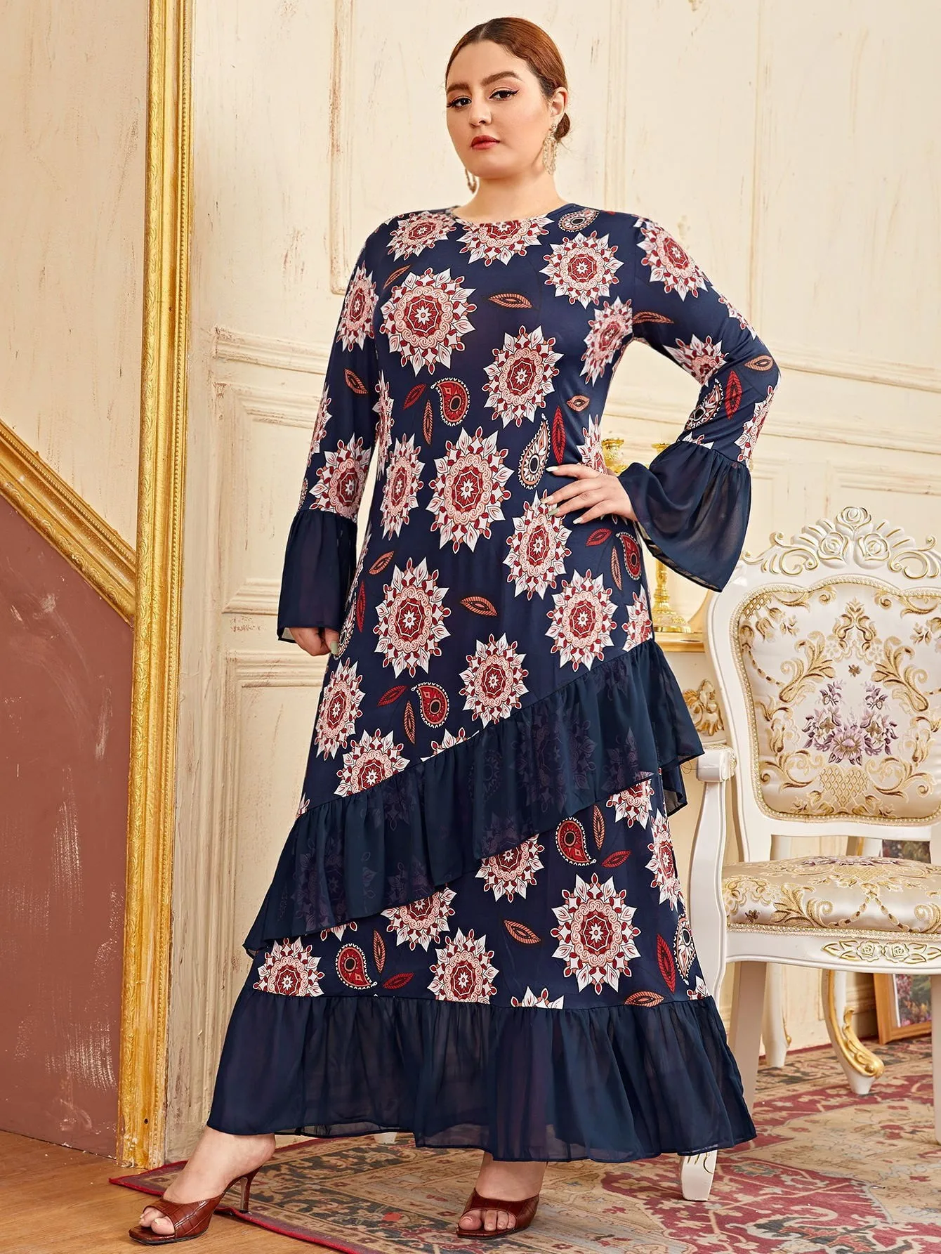 

Muslim Dress Women Abaya Elegant Dubai Turkey Arabic Islamic Turkey Caftan Irregular print Chiffon Dress Temperament Saudi Robe