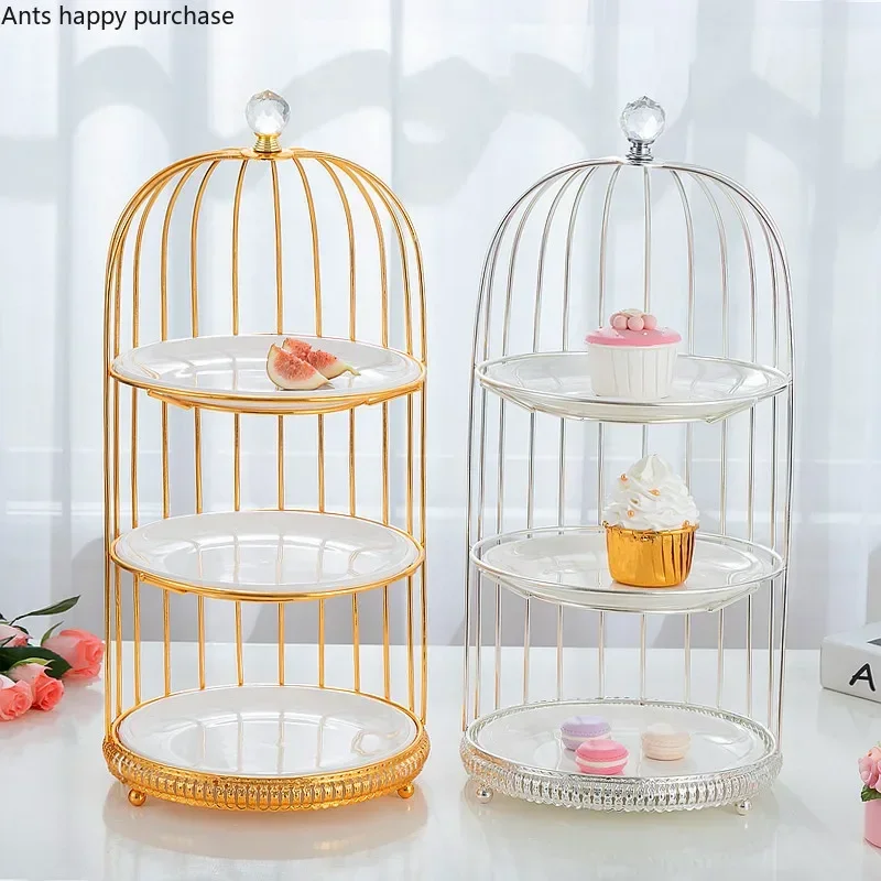 Birdcage Cake Stand Two Floors Three Floors Ceramic Plate Golden Silver Metal Snack Rack Dessert Cake Pastry Tray Display Stand