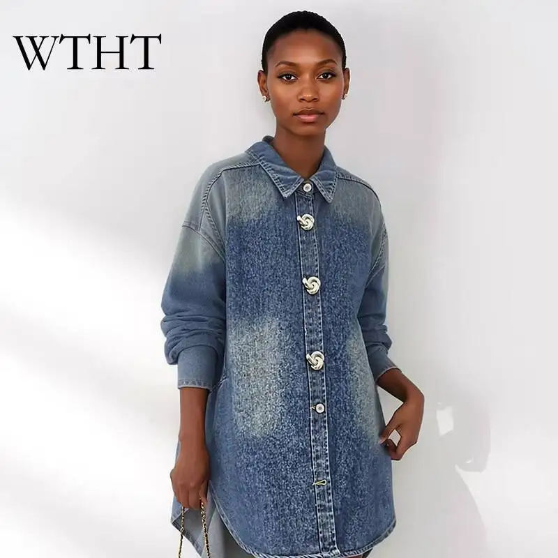 

WTHT Fashion Women Metal Buckle Design Bat-sleeve Gradient Denim Shirt 2026 Summer Long-sleeve Lapel Loose Blouse Female 1LS3100