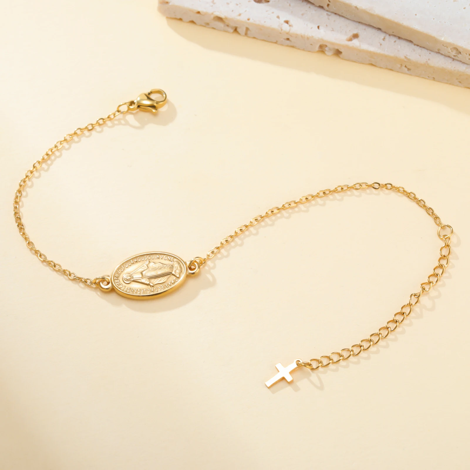 

CoolTime Dainty Stainless Steel Bracelet Women Virgin Mary Cross Double Layer Miraculous Medal Religious Adjustable Gift Jewelry