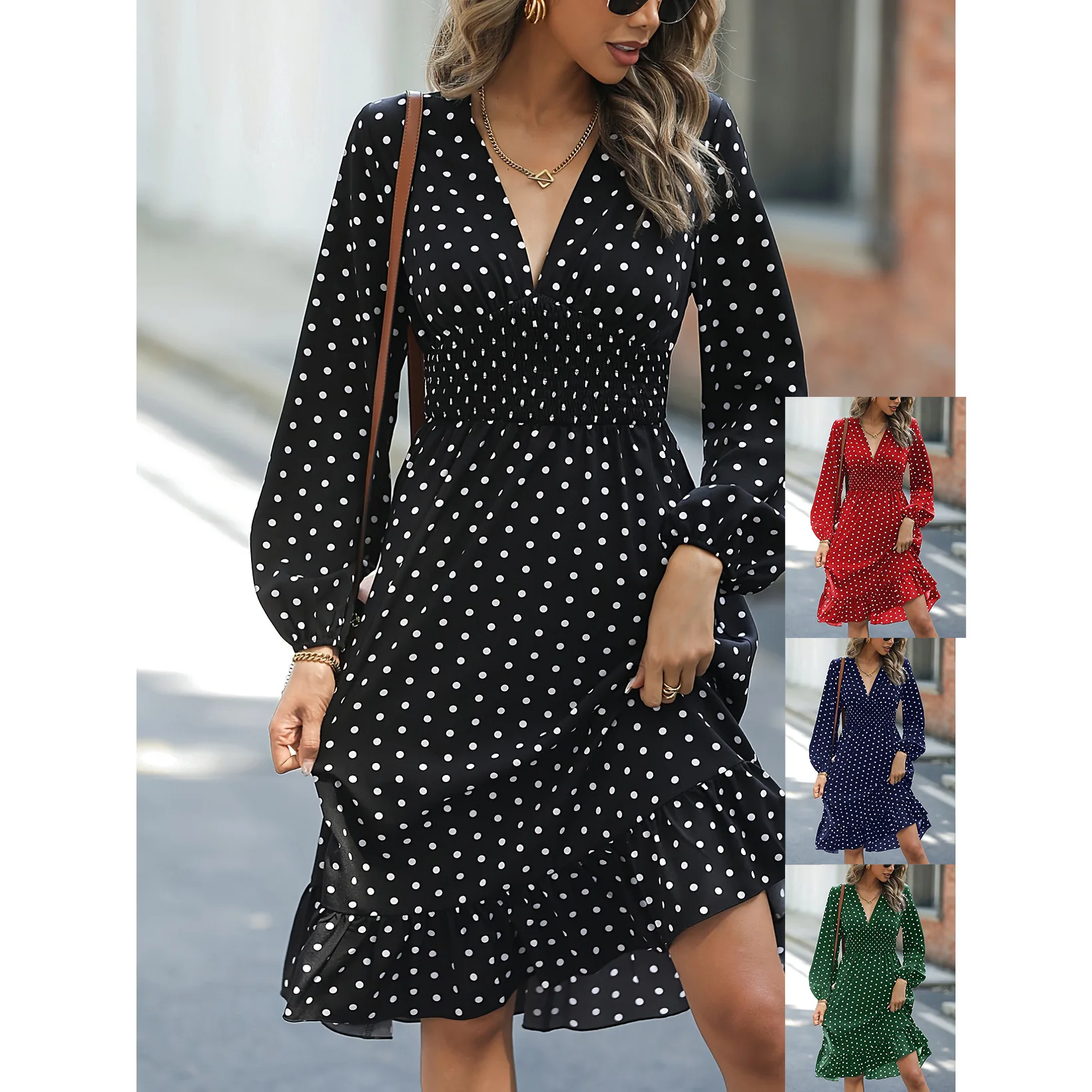 

Dress Women Elegant Fashion Beautiful Women's Dresses Party Night Dresses Evening Waistline Slimming Polka Dots Long Sleeves