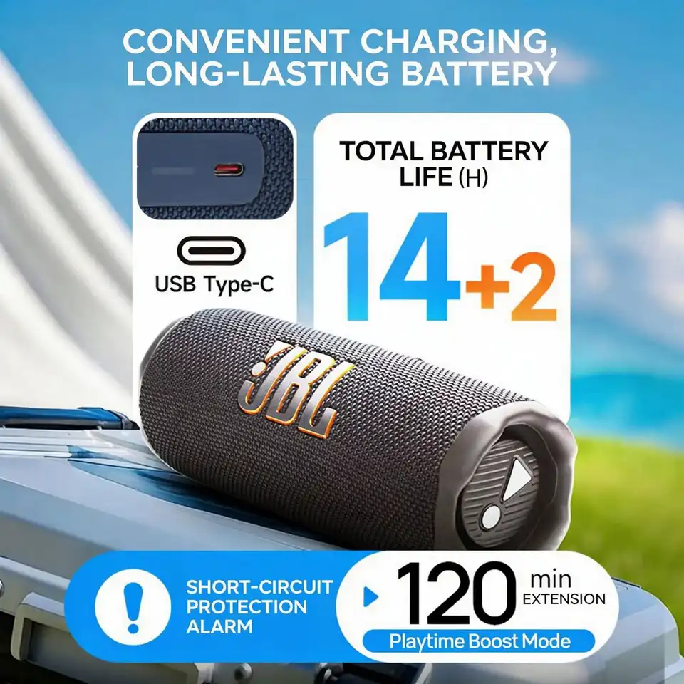 جهاز صوت JBL FLIP7 بلوتوث مع صوت جهير رنان مقاوم للماء IP67 ستيريو لاسلكي مع بطاقة TF ومنفذ Type C - 6