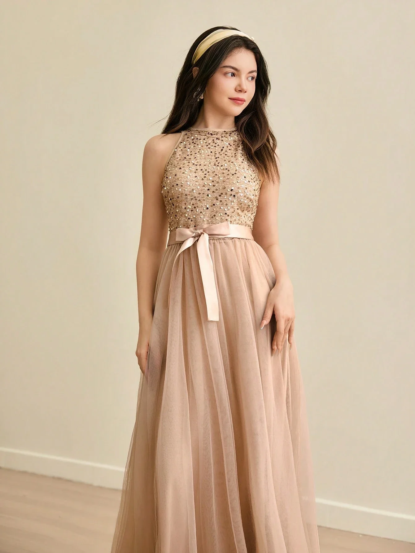 

Sequin Mesh A-Line Formal Evening Gown With Bow Waist