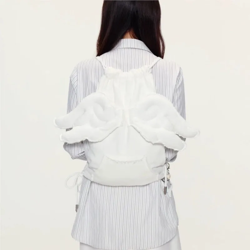 Mochila coreana con alas de Ángel para Mujer, morral blanco con cordón de gran capacidad, Mochilas Harajuku de Color sólido para Mujer