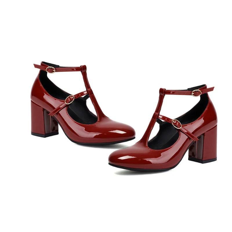 

Girseaby 2025 Женские туфли-лодочки с круглым носком на массивном каблуке 7 см Т-образный ремешок с пряжкой Большой размер 41 42 43 US12 Милые туфли Зеленый Красный Черный