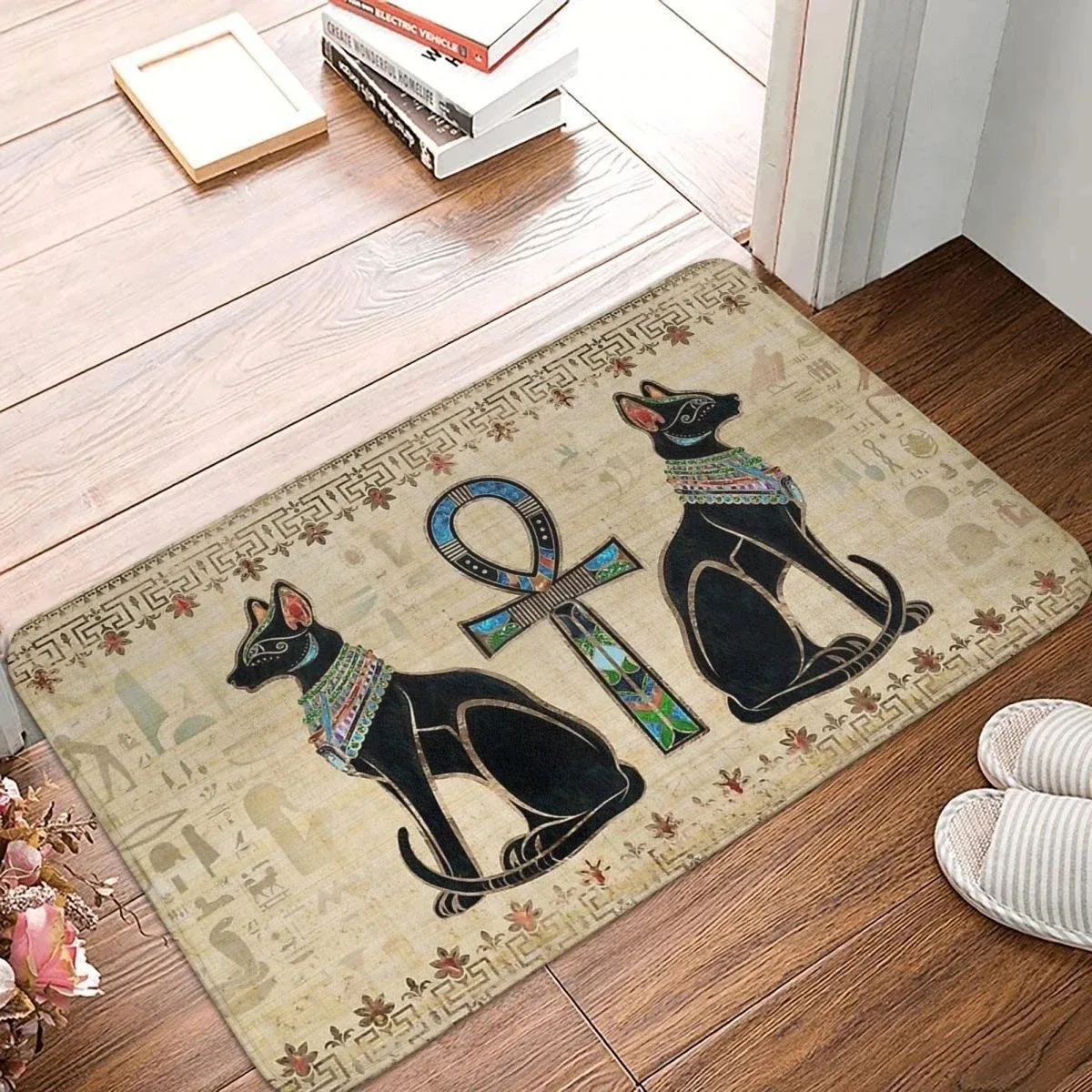 Ancient Egyptian Bastet Cats and Ankh Symbol Door Mat Non‑Slip Rug for Retro and Exotic Decor