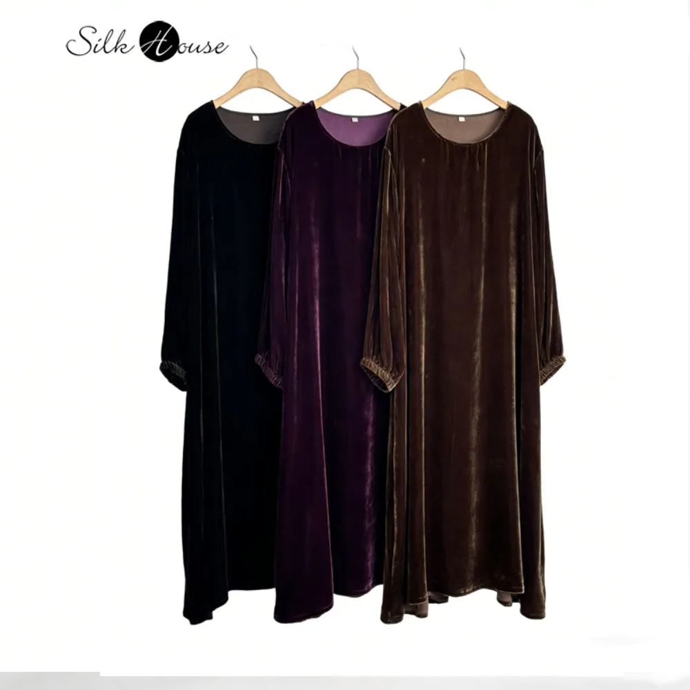 High End Purple 30% Natural Mulberry Silk Velvet Simple Solid Versatile Comfortable Women's Round Neck Long Sleeved Party Dress