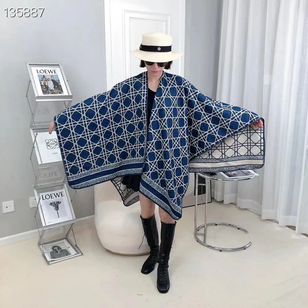 Poncho Cloak Shawl New European and American Style Fashion Versatile Thickened Warm Cloak Imitation Cashmere Lady Cardigan Gray