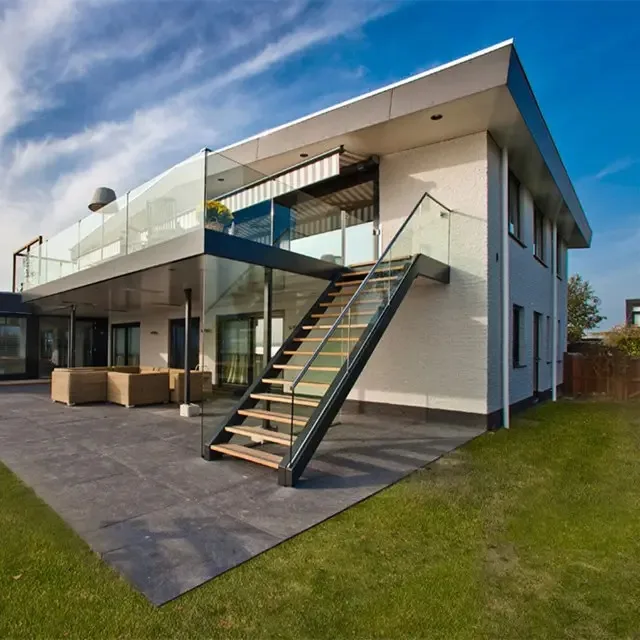 سلالم حديثة درابزين زجاجي خطوة خشبية مستقيمة أحادية سترينجر على شكل حرف L مع ضوء LED #2