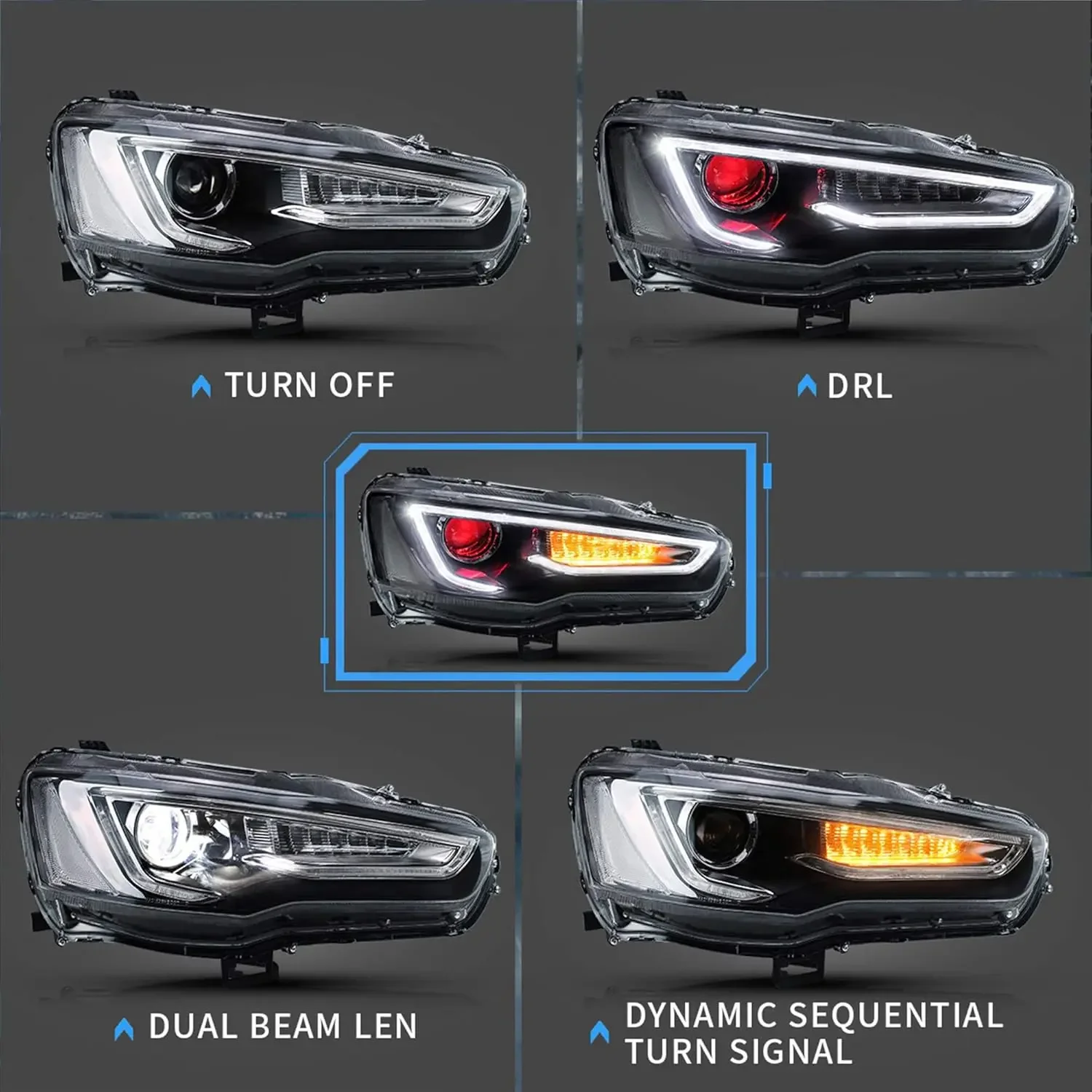 Led Headlights Compatible with Mitsubishi Lancer& EVO X 2008-2020 Projector Front lamp Assembly w/Clear Lens w/Sequential