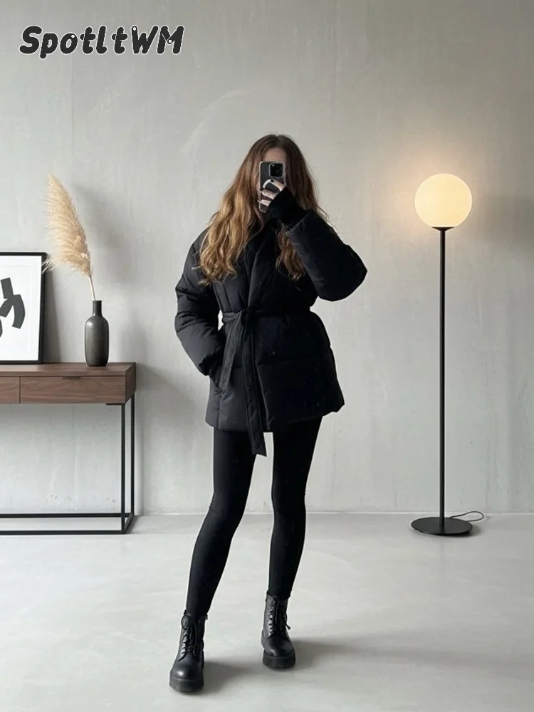 Women Winter Padded Puffer Jacket Black Wrap V Collar Belted Waist Long Sleeve Solid Warm Elegant Lady Casual Daily Outerwear