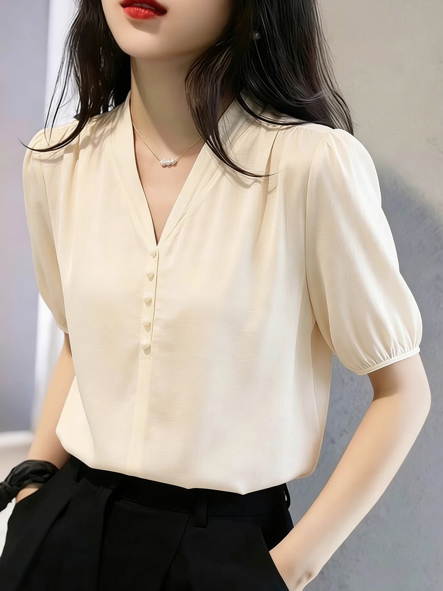 

Fashionable V-Neck Short Sleeve Pure Color Versatile Shirt Korean Style Commute Straight Cut Silken Top for Young Women
