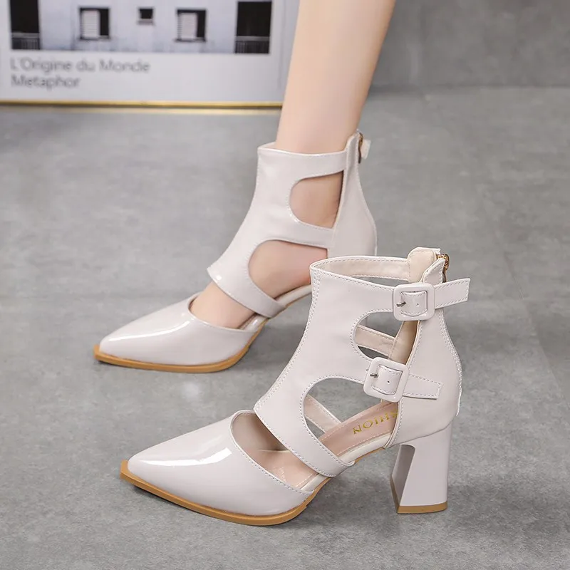 Hollowed-out Pointed High Heel Belt Buckle Back Zipper Short Tube Slimming Foreign Comfortable Anti-slip Wear Women\'s Cool Boots