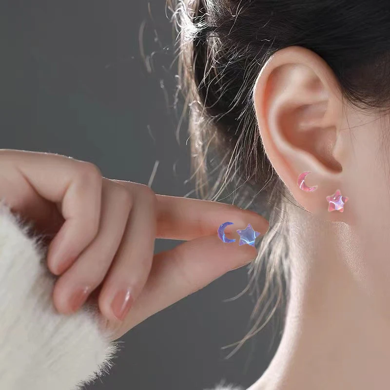 Fantastic Fairy Colorful Star Moon Stud Earrings Set Women Y2K Pink Purple Transparent Cute Earrings Jewelry Gift
