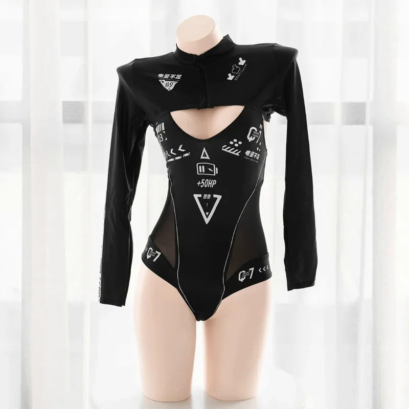 

New Anime Girls Dark Cyber Mechanical Bodysuit Sexy Cosplay Racers Women Costumes Swimwear Sport Bodysuit Stocking Lingerie Set